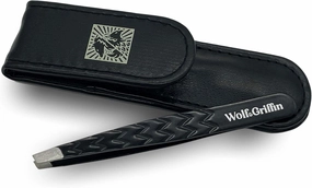 Wolf & Griffin Black Edition Ultimate Precision Tweezers with Case | Stainless Steel with Black Coating | Professional Slant Eyebrow Tweezers