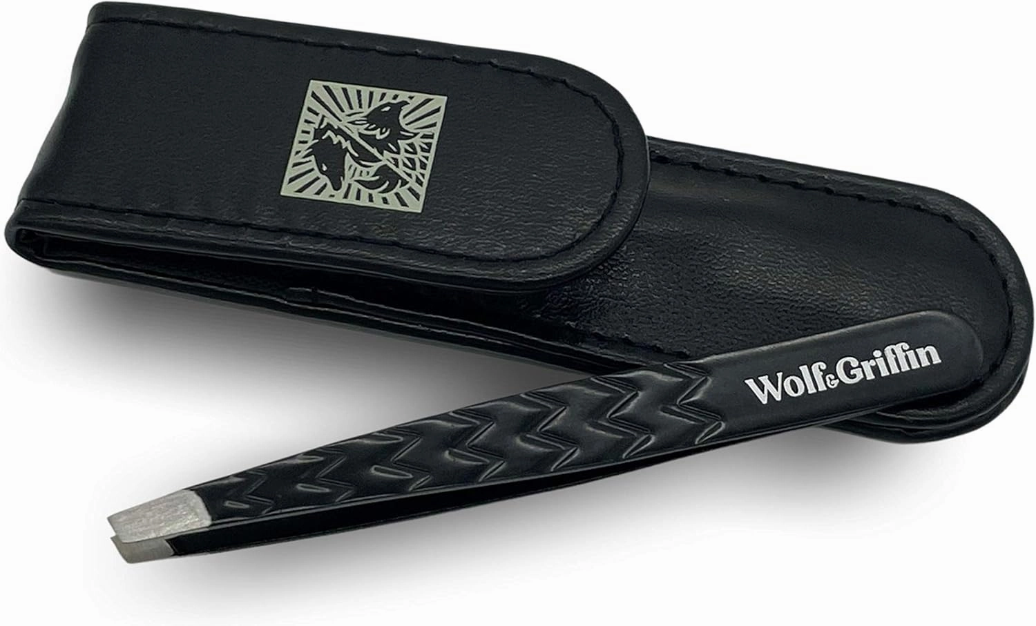 Wolf & Griffin Black Edition Ultimate Precision Tweezers with Case | Stainless Steel with Black Coating | Professional Slant Eyebrow Tweezers