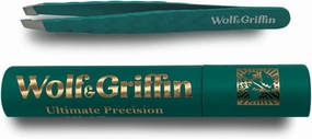 Wolf & Griffin Ultimate Precision Mini Tweezers | Stainless Steel Professional Slant Eyebrow Tweezers for Men and Women | Peacock Green