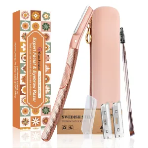 Women's Dermaplane Face & Eyebrow Razor Kit with Slant Tweezers, Spoolie Brush, and GlamTweeler's Luxury Leather Storage & Travel Case   10 Refill Blades