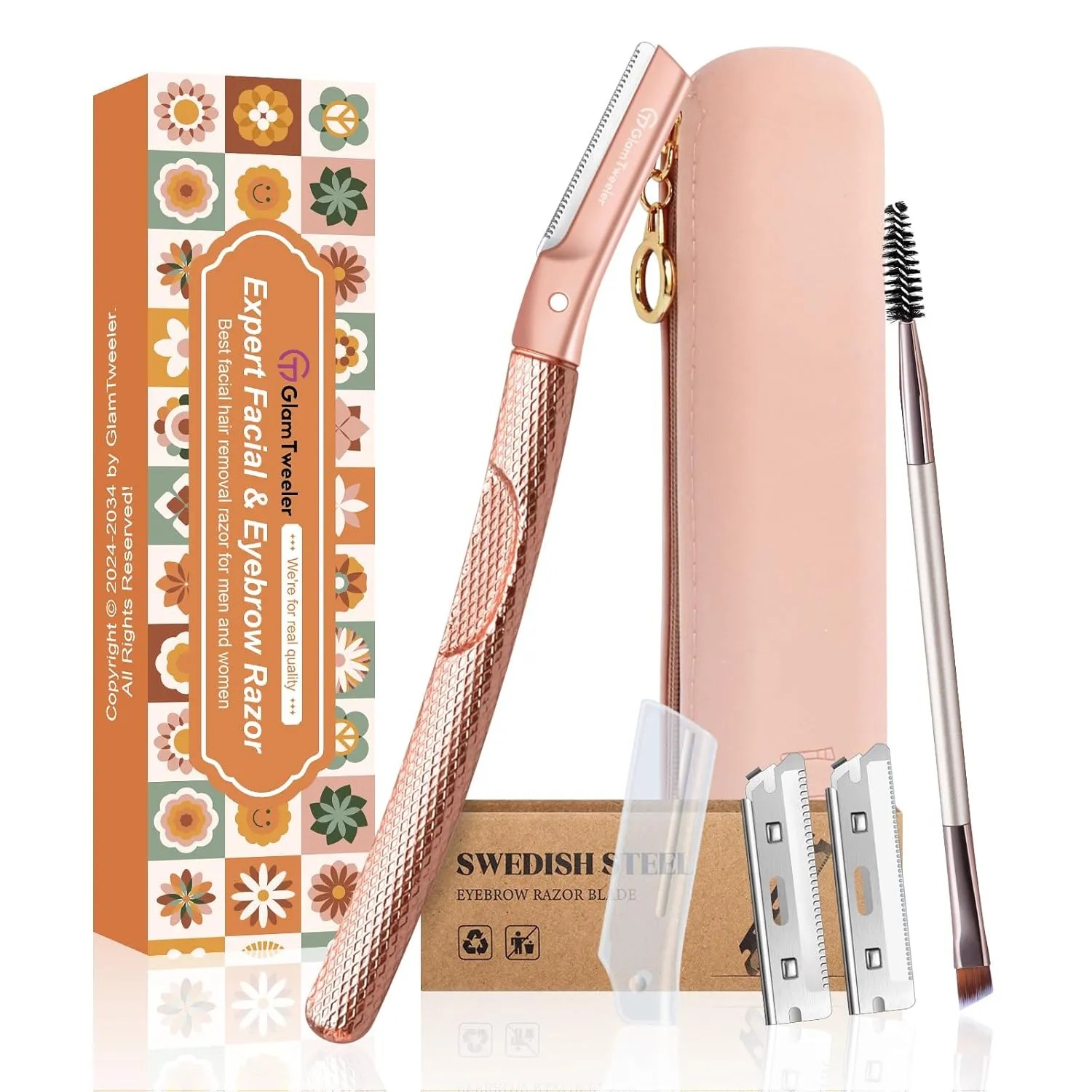 Women's Dermaplane Face & Eyebrow Razor Kit with Slant Tweezers, Spoolie Brush, and GlamTweeler's Luxury Leather Storage & Travel Case   10 Refill Blades