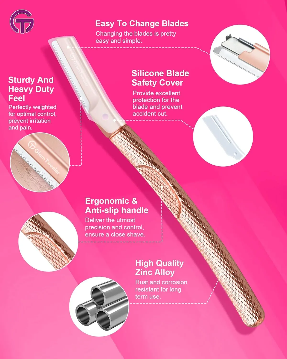 Women's Dermaplane Face & Eyebrow Razor Kit with Slant Tweezers, Spoolie Brush, and GlamTweeler's Luxury Leather Storage & Travel Case   10 Refill Blades