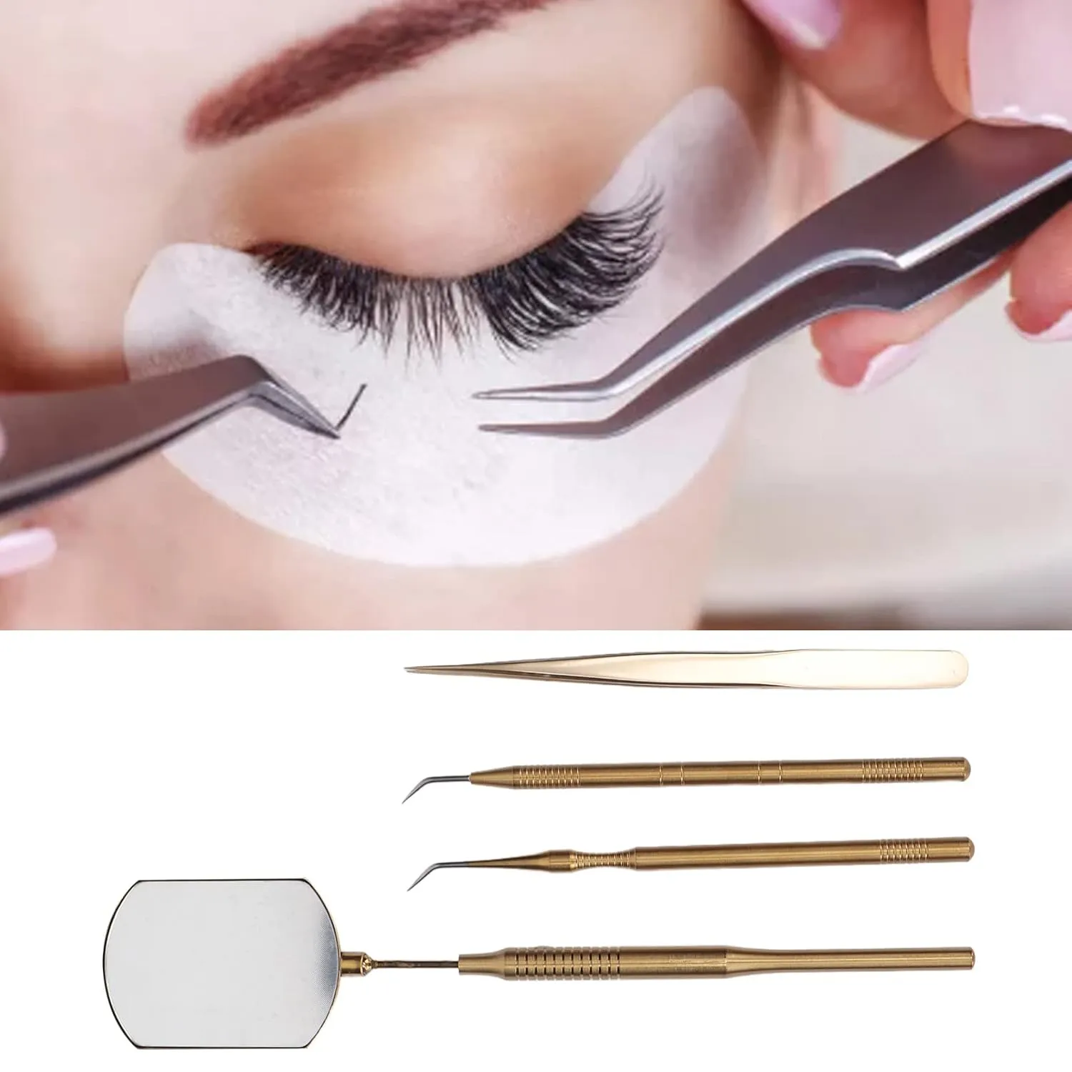 Yosoo Eyelash Art Tool Kit Stainless Steel Rotating Inspection Mirror Tweezers Sticks Pick Up Tool Beauty Extension Nail Art Tools Makeup Precision Pickup (Gold)