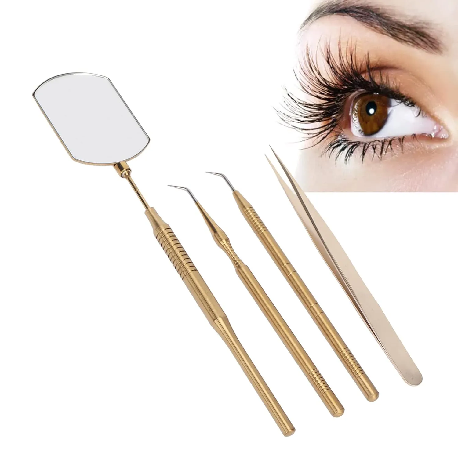 Yosoo Eyelash Art Tool Kit Stainless Steel Rotating Inspection Mirror Tweezers Sticks Pick Up Tool Beauty Extension Nail Art Tools Makeup Precision Pickup (Gold)