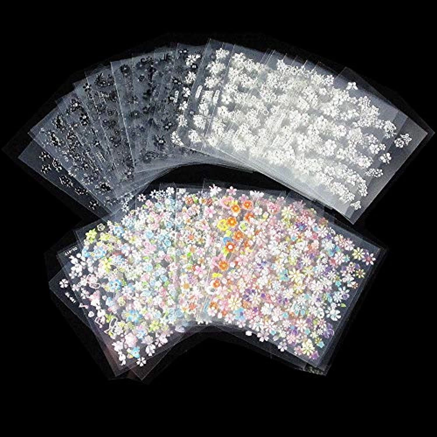 ZITIANY 50 Sheets 3D Flower Nail Art Stickers Decals, Self-Adhesive Manicure Decals Holographic Black White Gold Silver Nail Design DIY Nail Decoration for Women Girls