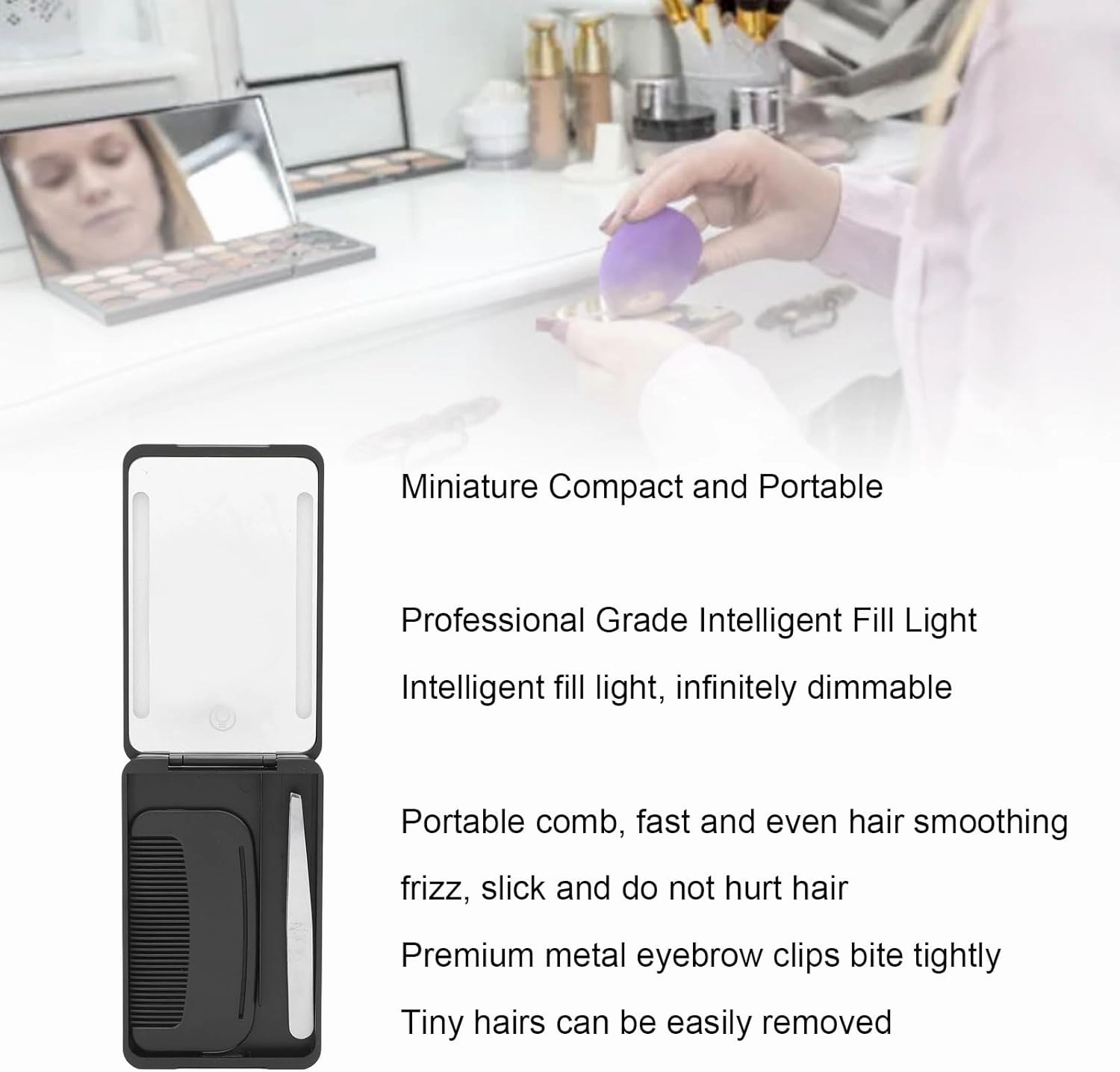 ZJchao Smart Fill Light Pocket Mirror, Metal Eyebrow Clip, Travel Comb, Rechargeable LED Makeup Mirror for Travel, Work, Shopping, Party (Black)