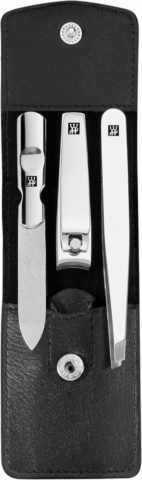 ZWILLING Manicure and Pedicure Set Nail Care Made of Genuine Leather with Push Button, Classic INOX, 3-Piece, Black