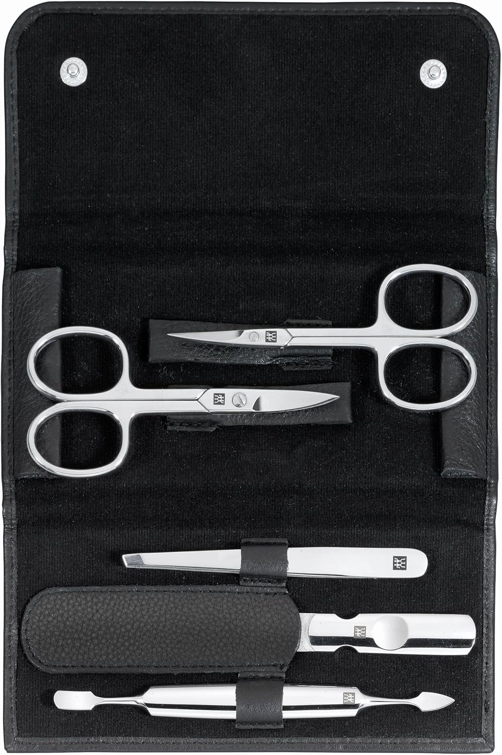ZWILLING Manicure Set and Pedicure Set Nail Care Made of Genuine Leather with Push Button, Classic INOX, 5 Pieces, Black