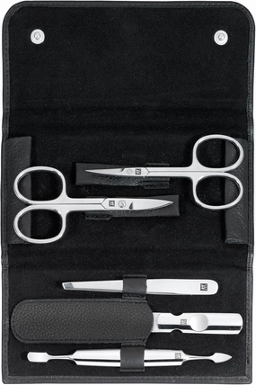ZWILLING Manicure Set and Pedicure Set Nail Care Made of Genuine Leather with Push Button, Classic INOX, 5 Pieces, Black
